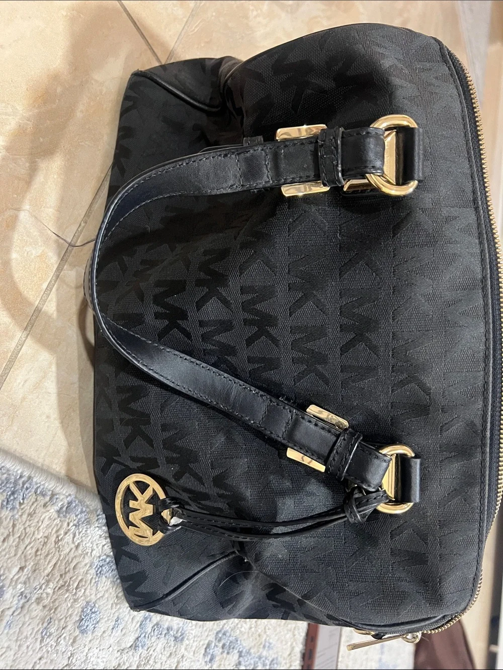 Michael Kors Black Monogram Shoulder Bag with Gold Hardware